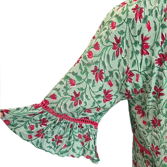 Celina Moon Green Pink Floral Crochet Lace Trimmed Tiered Crinkly Mini Dress - M - Picture 3 of 12